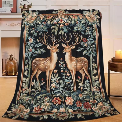 Deer Tapestry Blanket with Floral Forest Design
