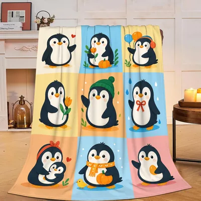 Penguin Grid Blanket: Nine Cute Penguins on Pastel Squares