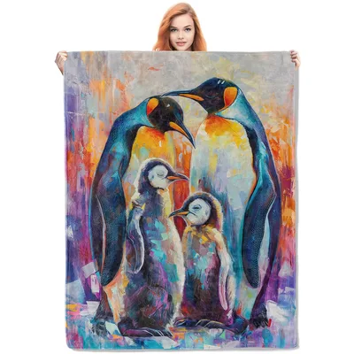 Penguin Art Blanket: Two Penguins and Their Chicks in Paint