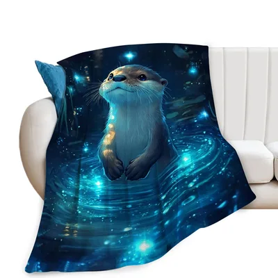 Cute Otter Blanket: A Glowing Night Swim in Blue