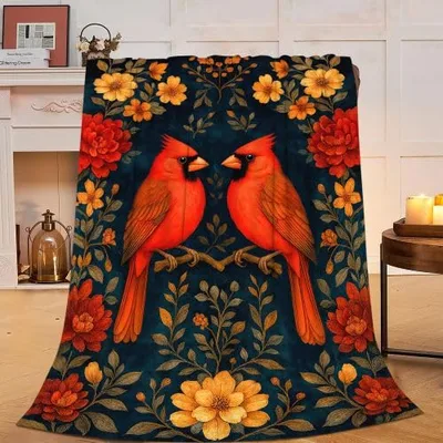 Cardinal Bird Floral Blanket: Red Birds and Vintage Flowers Design