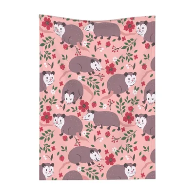 Opossum Pattern Pink Floral Blanket for Animal Lovers