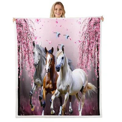 Horses Cherry Blossom Blanket: Three Horses Gallop Through Pink Blooms