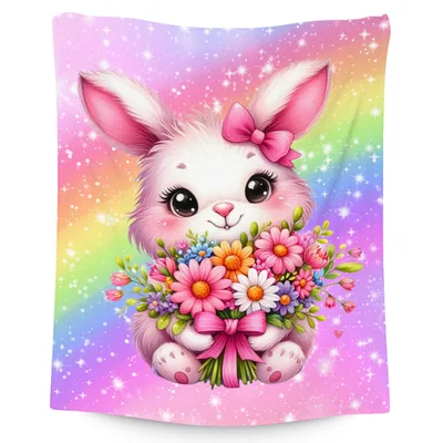 Bunny with Flowers Blanket: Rainbow Bunny Holding Bouquet