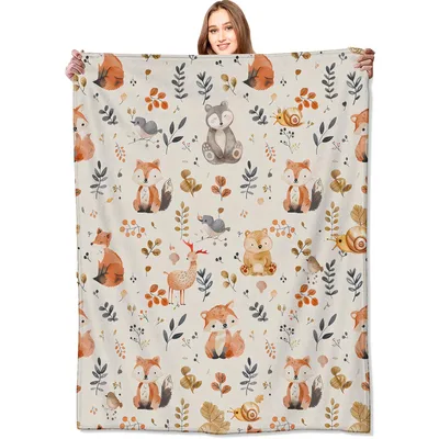 Woodland Creatures Blanket with Foxes, Bears and Birds