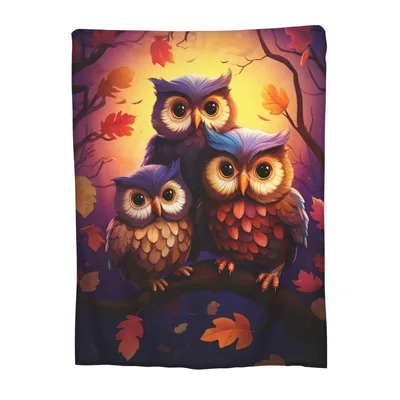 Autumn Owls Blanket: Three Owls on a Glowing Branch