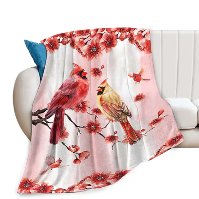 Red Cardinals on Blossom Blanket: Watercolor Birds and Cherry Flowers