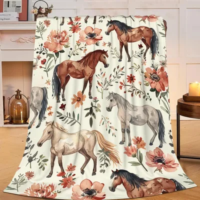 Cream Meadow Horses Blanket: Floral Horse Throw