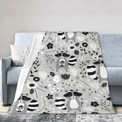 Cute Raccoons in Gray Blanket: Monochrome Woodland Print