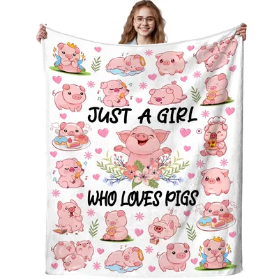 Pink Pig Cartoon Hearts Blanket for Pig Lovers