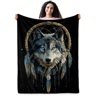 Native Wolf Blanket: A Dreamcatcher Wolf Throw