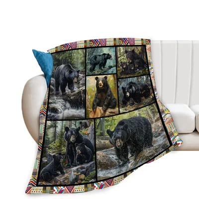 Black Bear Forest Animals Blanket: Wildlife Collage Design