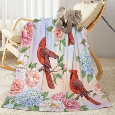 Cardinal Birds Flowers Blanket: Watercolor Red Cardinals and Peonies