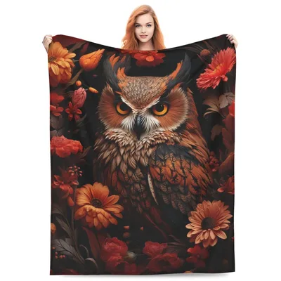 Owl Flowers Art Blanket: A Majestic Owl Surrounded by Autumn Blooms