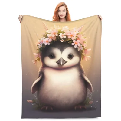 Cute Penguin Flowers Blanket: Fluffy Baby Bird with Pink Floral Crown