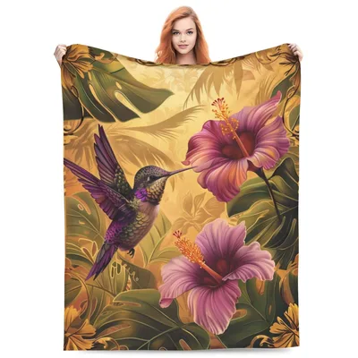 Hibiscus Flower Blanket with a Hummingbird Print