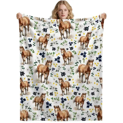 Horses Among Watercolor Florals Blanket for Horse Lovers