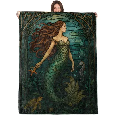 Mermaid Ocean Stained Glass Blanket featuring an artistic mermaid