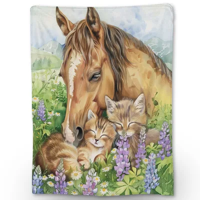Horse with Kittens Blanket: Watercolor Meadow Throw