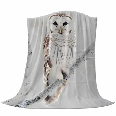 Owl Bird Nature Blanket: Realistic White Owl Perched on a Branch