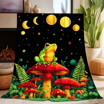 Frog Mushroom Moon Forest Blanket featuring a whimsical green frog