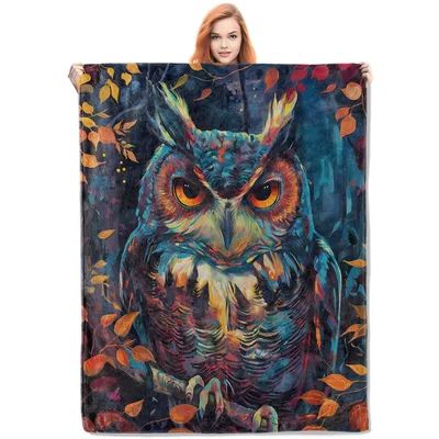 Autumn Owl Blanket: Painted Owl Among Fall Leaves