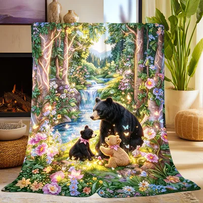 Bear Family in Flowers Blanket: A Magical Forest Scene with Bears