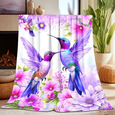 Purple Hummingbirds Pink Blossom Blanket for Flower Lovers