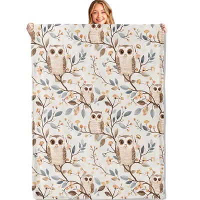 Owls Among Sage Leaves Blanket: Cute Owl Pattern on Branches