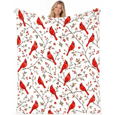 Cardinals on White Berry Blanket for Bird Lovers