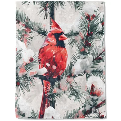 Snowy Red Cardinal on Pine Blanket: Winter Bird Throw