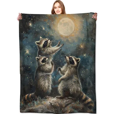 Raccoon Moon Blanket: Three Raccoons Reaching for the Night Sky
