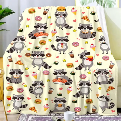 Raccoon Food Lover Blanket: Snacks and Sushi Pattern