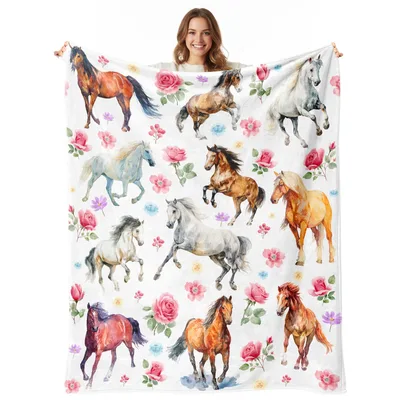 Watercolor Horses and Roses Blanket for Horse Lovers