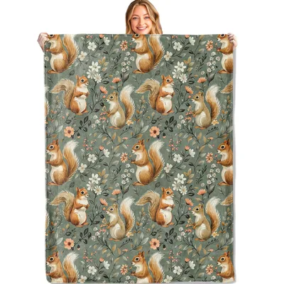 Woodland Squirrel Blanket with Wildflowers and Foliage