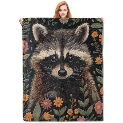 Raccoon Floral Animal Blanket: Wildlife Portrait with Wildflowers