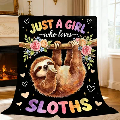 Sloth on Black Floral Blanket: Just a Girl Who Loves Sloths