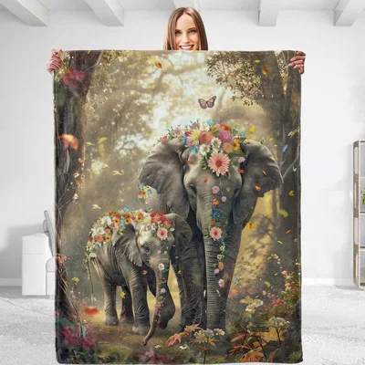 Elephant Family Blanket: Two Elephants Under Blooms
