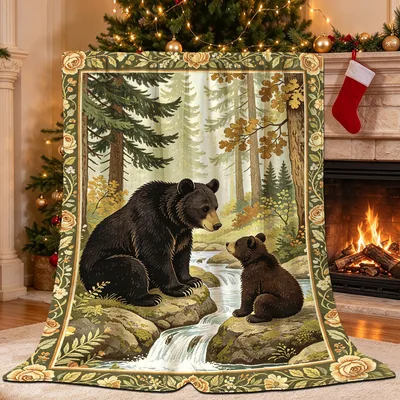 Bear Cub Blanket: A Mother Bear and Cub by a Forest Stream