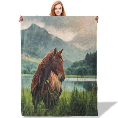 Brown Horse Blanket: A Misty Mountain Lake Scene