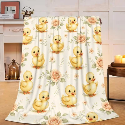 Yellow Ducklings Floral Blanket: Cute Yellow Duck Throw with Roses