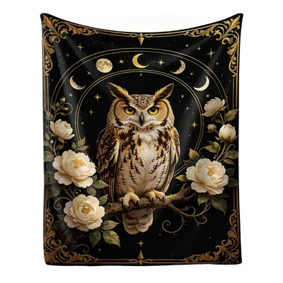 Owl on Branch with Moon Phases Blanket: Vintage Horned Owl Art