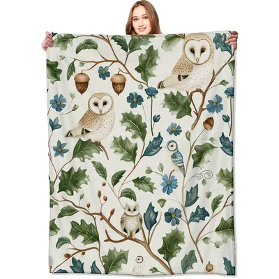 Owl Woodland Floral Nature Blanket for Cozy Nature Lovers