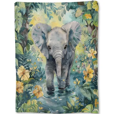 Baby Elephant Jungle Blanket: Watercolor Calf in Tropical Flowers