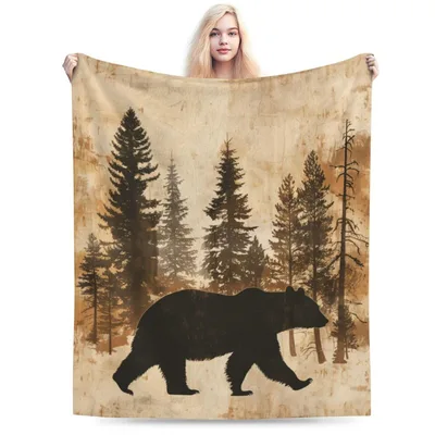 Rustic Pine Forest Blanket: Bear Silhouette Throw
