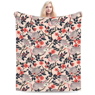 Coral Flower Animal Blanket: Opossums Among Blossoms