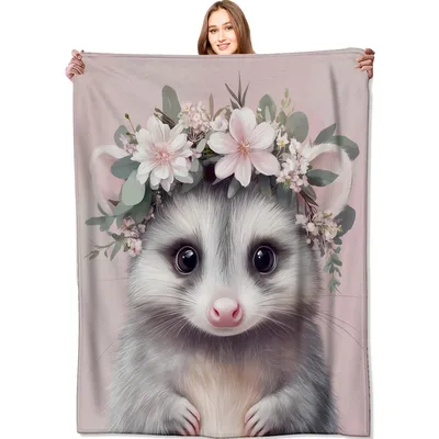 Floral Animal Blanket: A Sweet Opossum in a Flower Crown
