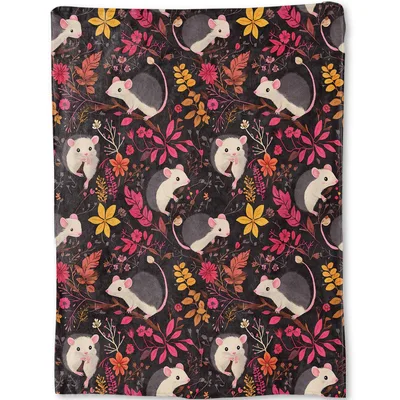 Possum Floral Pattern Blanket: Cute Opossums in Autumn Flowers