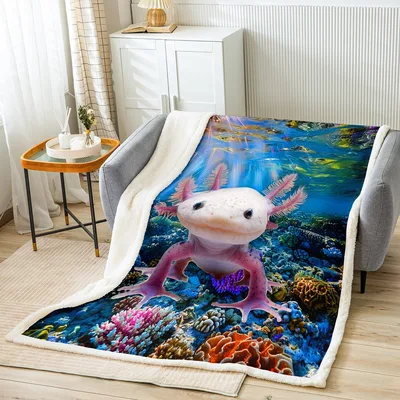 Coral Reef Animal Blanket: Pink Axolotl in Blue Water