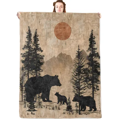 Bear Family Forest Sunset Blanket for Cabin Lovers